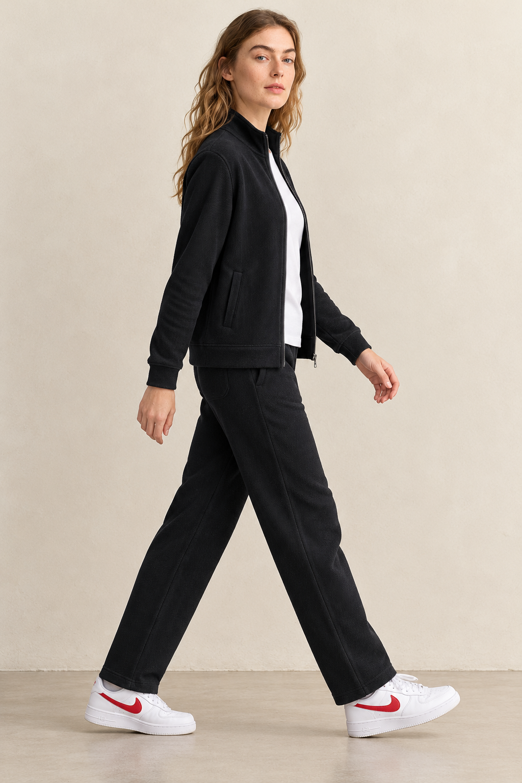 Women’s Black Knitted Straight-Leg Track Pants – Tracksuit Set Lower