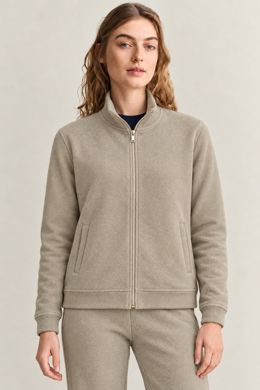 Women’s Fawn Knitted Full-Zip Track Jacket with Stand Collar – Tracksuit Set Upper