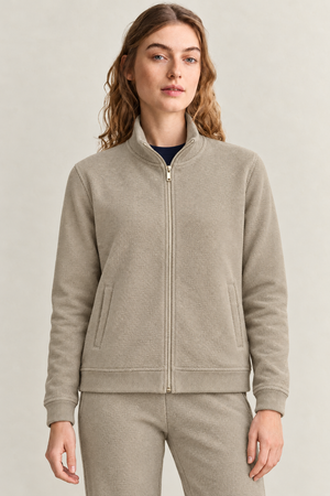 Women’s Fawn Knitted Full-Zip Track Jacket with Stand Collar – Tracksuit Set Upper