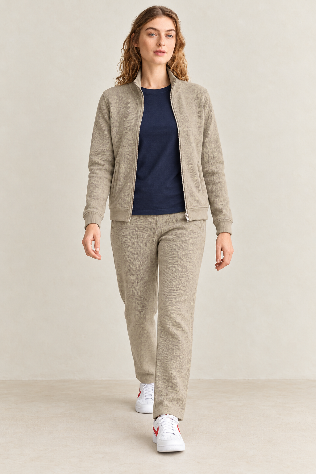 Women’s Fawn Knitted Full-Zip Track Jacket with Stand Collar – Tracksuit Set Upper