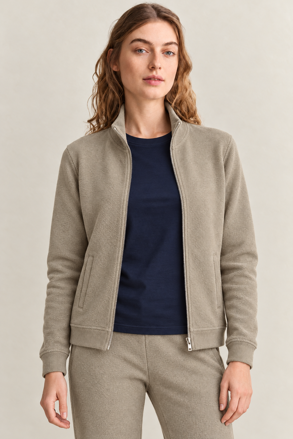 Women’s Fawn Knitted Full-Zip Track Jacket with Stand Collar – Tracksuit Set Upper