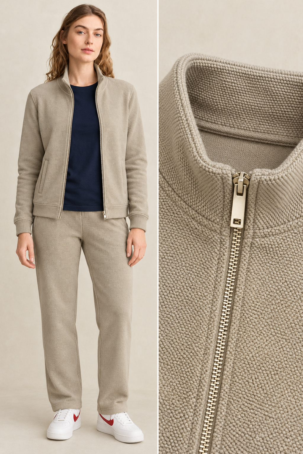 Women’s Fawn Knitted Full-Zip Track Jacket with Stand Collar – Tracksuit Set Upper