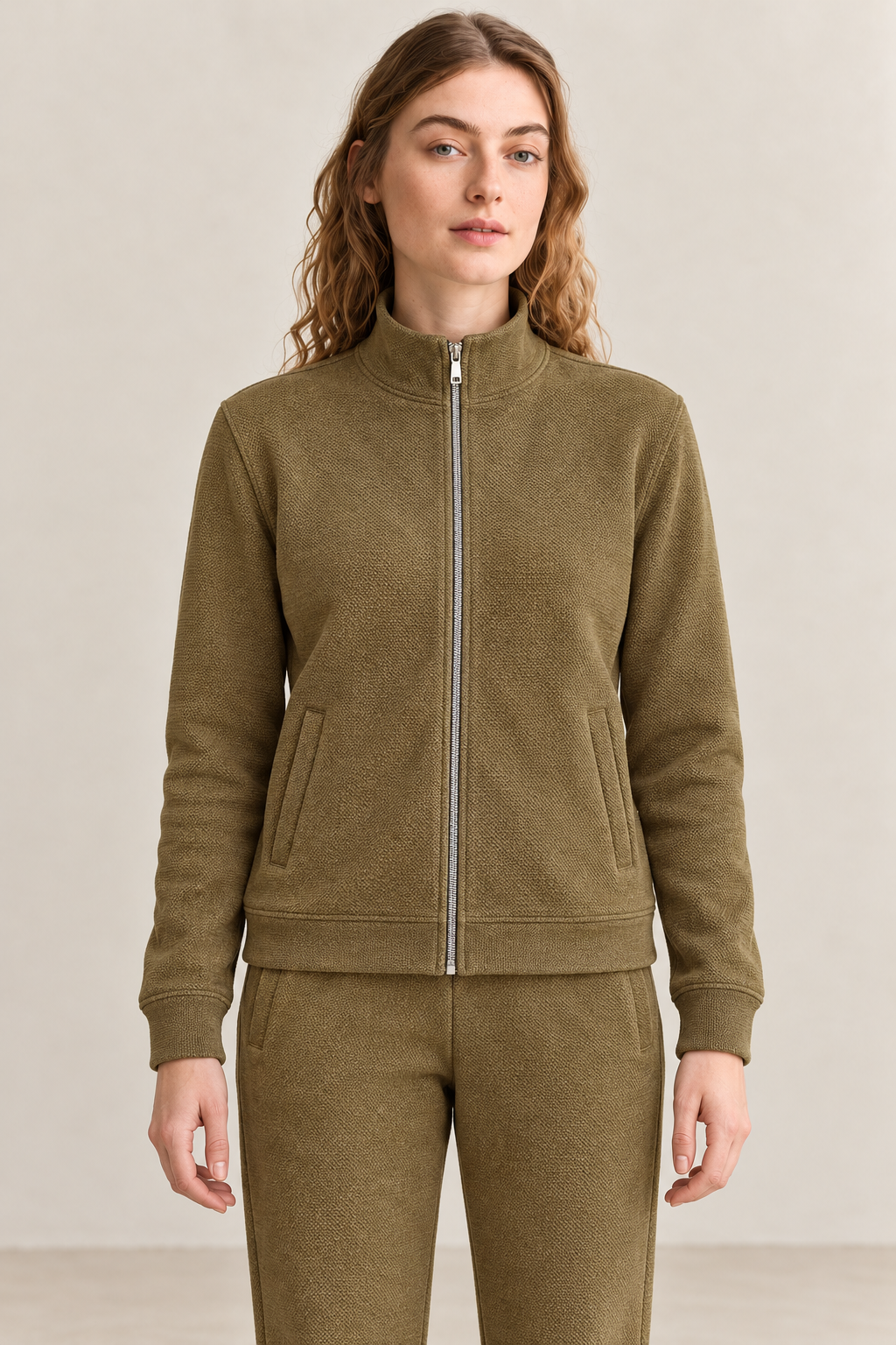 Women’s Khaki Knitted Full-Zip Track Jacket with Stand Collar – Tracksuit Set Upper