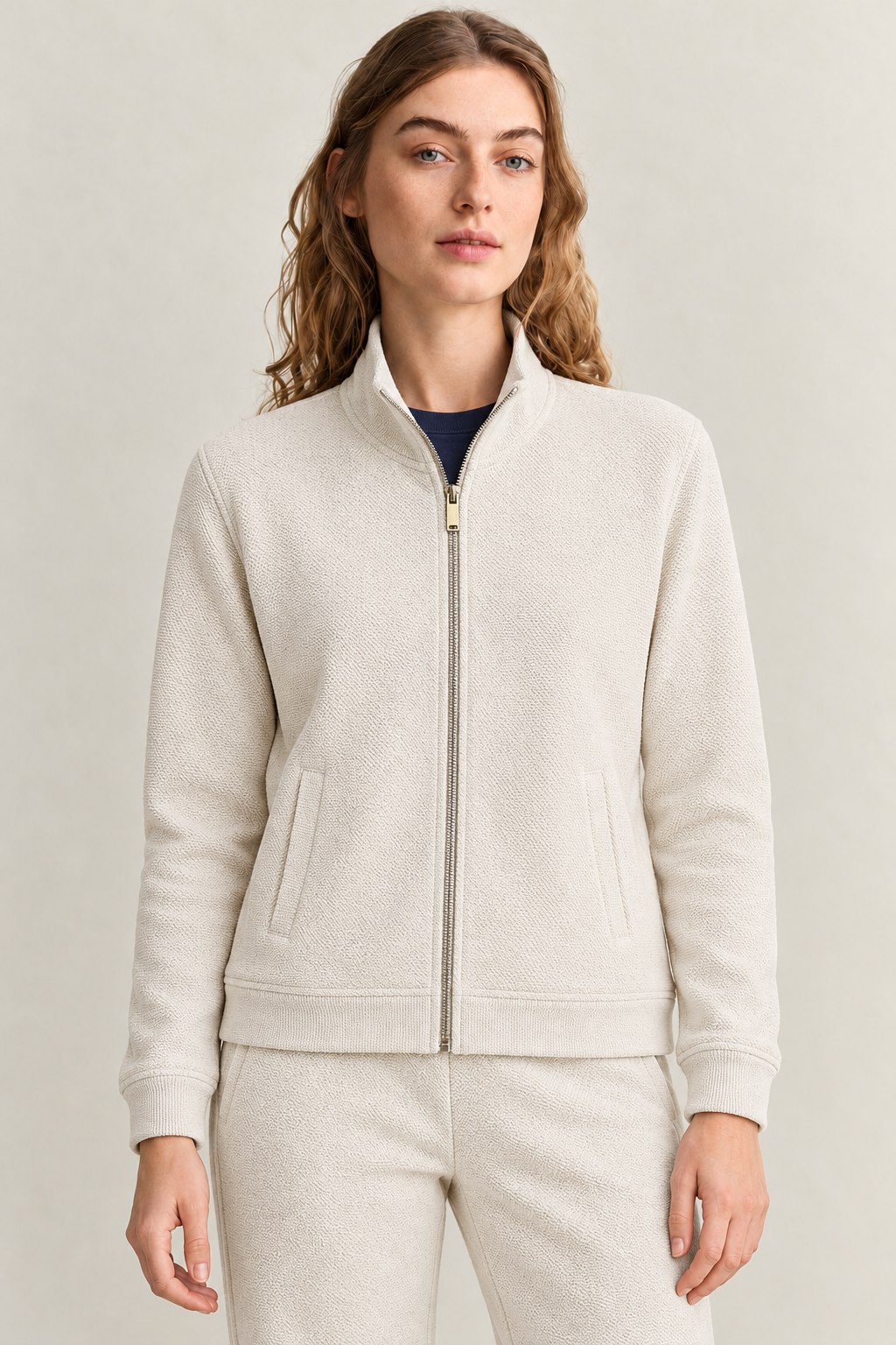Women’s Vanilla Knitted Full-Zip Track Jacket with Stand Collar – Tracksuit Set Upper