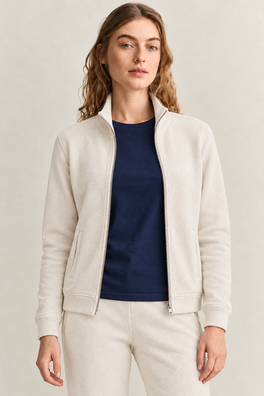 Women’s Vanilla Knitted Full-Zip Track Jacket with Stand Collar – Tracksuit Set Upper
