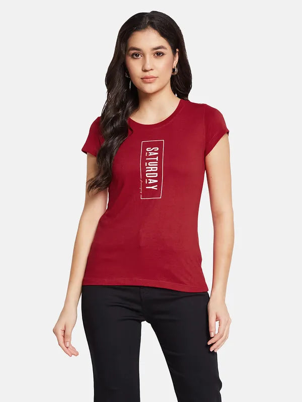 Mettle Women Cherry Red Round Neck Typography Printed T-Shirt