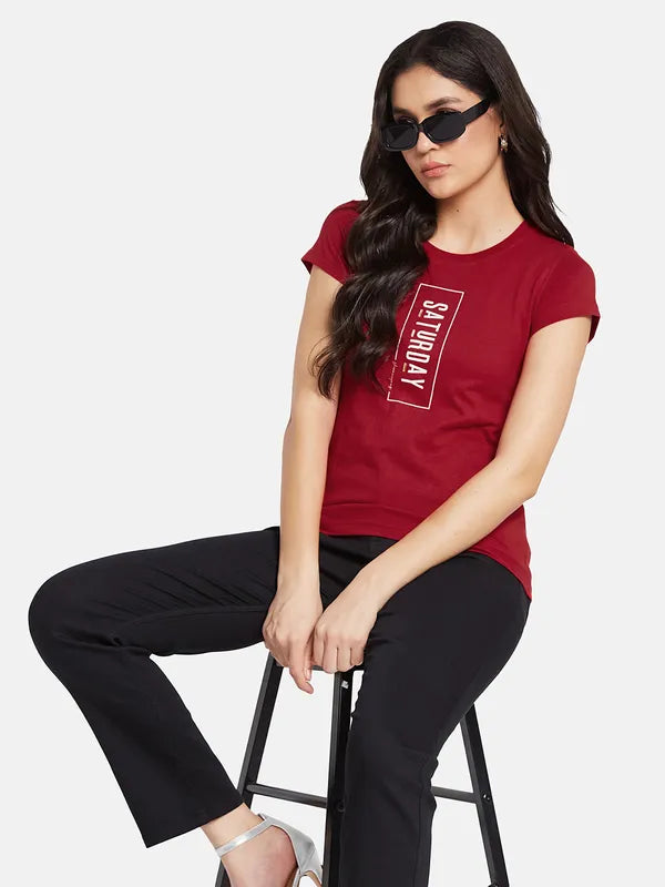 Mettle Women Cherry Red Round Neck Typography Printed T-Shirt