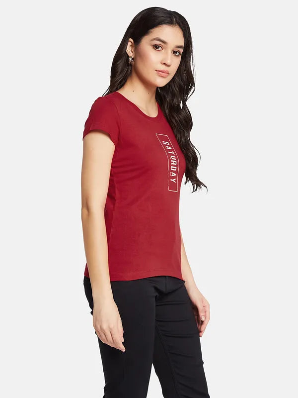 Mettle Women Cherry Red Round Neck Typography Printed T-Shirt