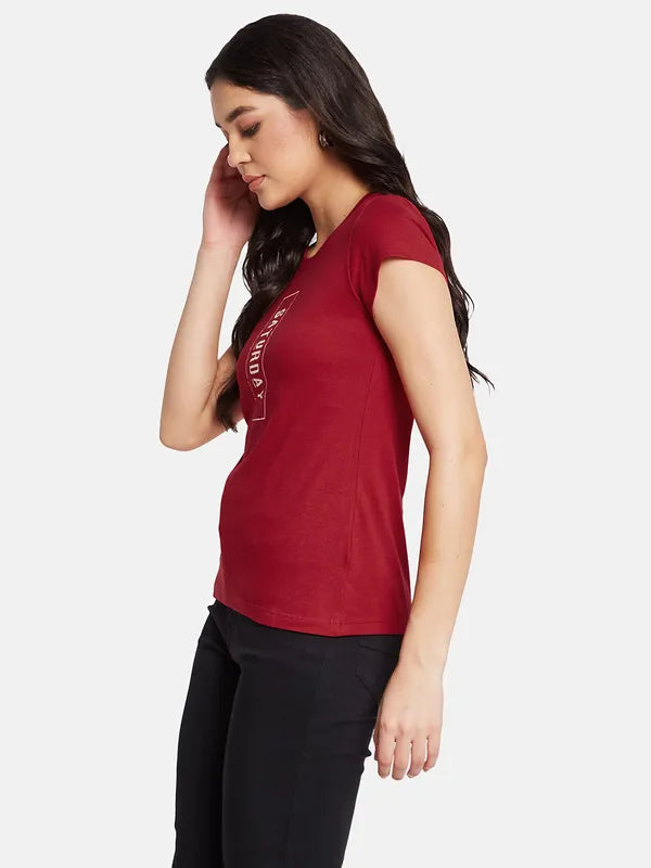 Mettle Women Cherry Red Round Neck Typography Printed T-Shirt