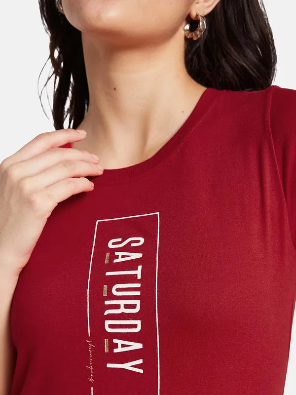 Mettle Women Cherry Red Round Neck Typography Printed T-Shirt