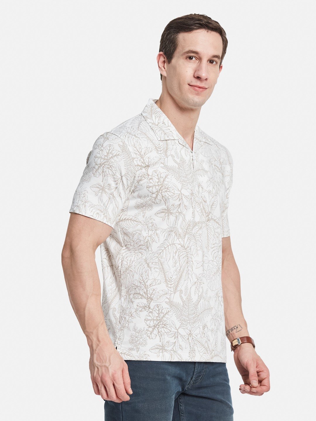 AOP FLORAL PRINT POLO NECK COTTON T-SHIRT