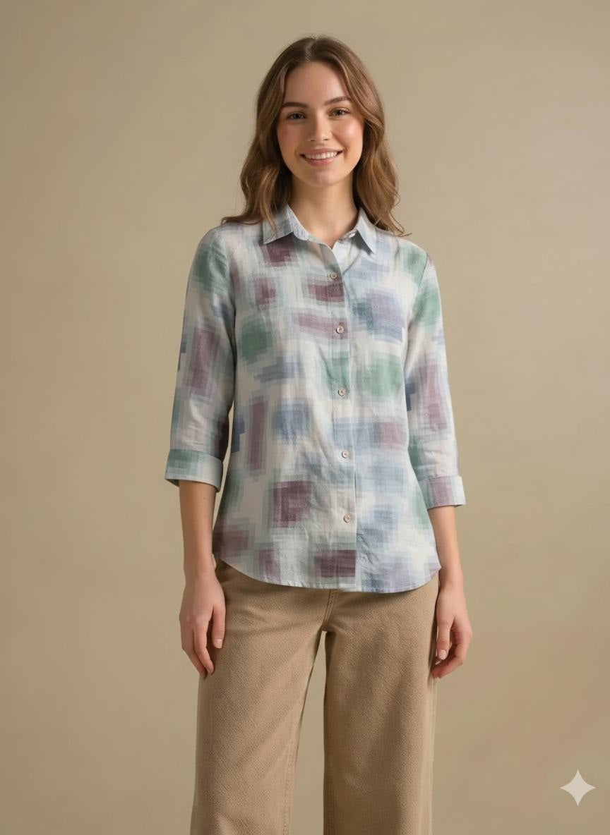 Women Light Teal Printed Casual Shirt