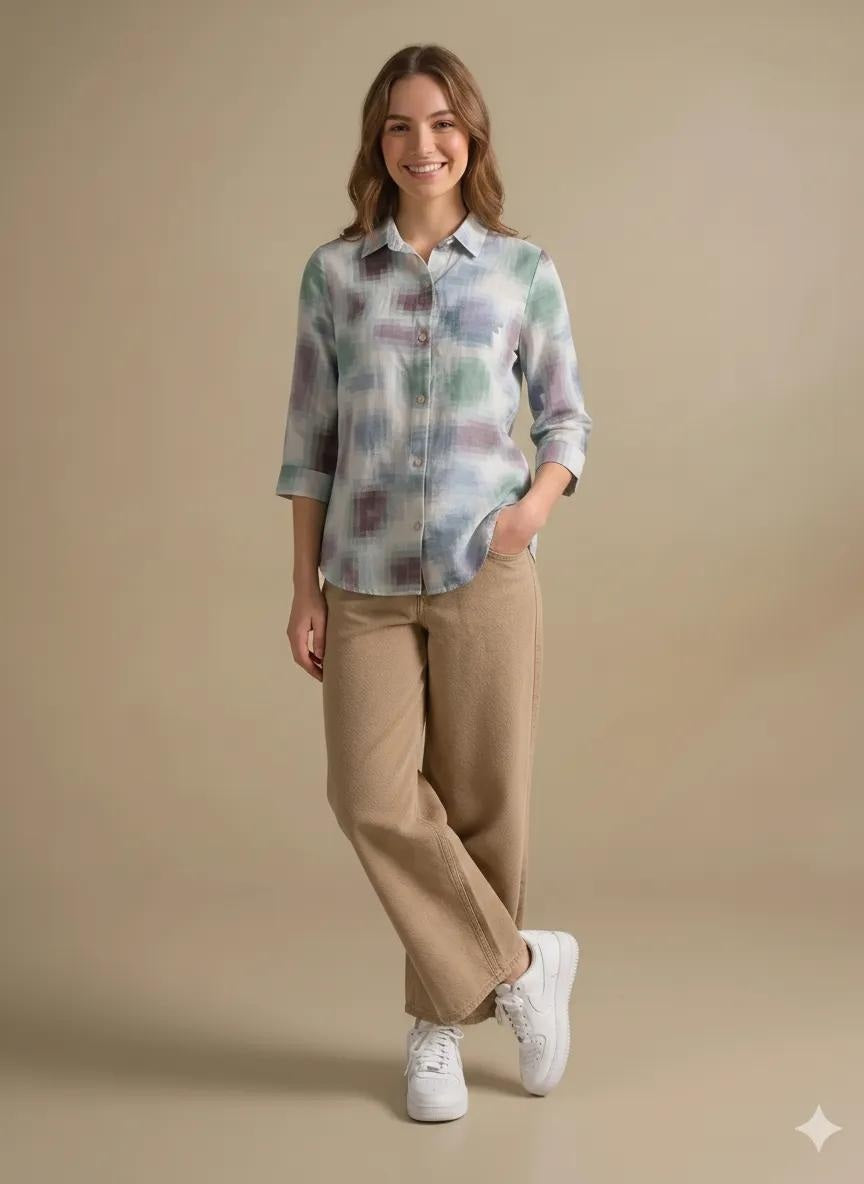 Women Light Teal Printed Casual Shirt