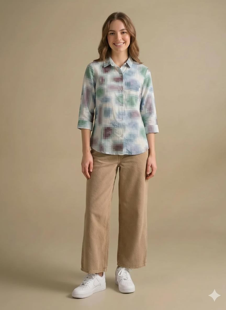 Women Light Teal Printed Casual Shirt