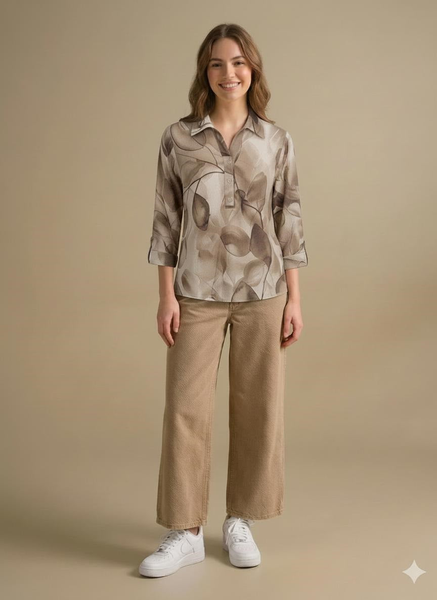Floral Print Roll-Up Sleeves Cotton Blend Tobacco Top