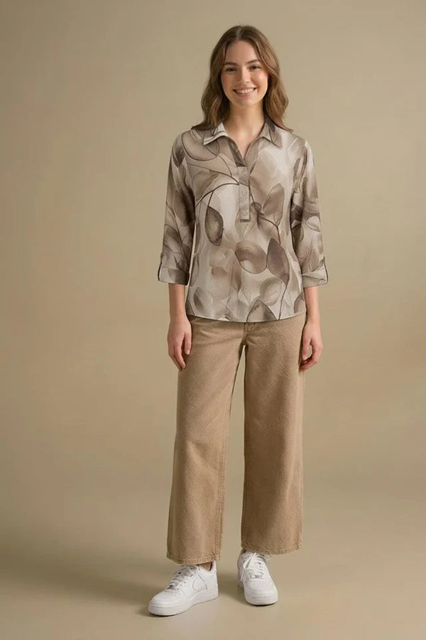 Floral Print Roll-Up Sleeves Cotton Blend Tobacco Top