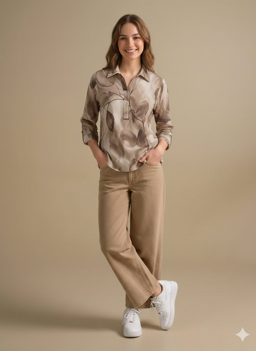 Floral Print Roll-Up Sleeves Cotton Blend Tobacco Top