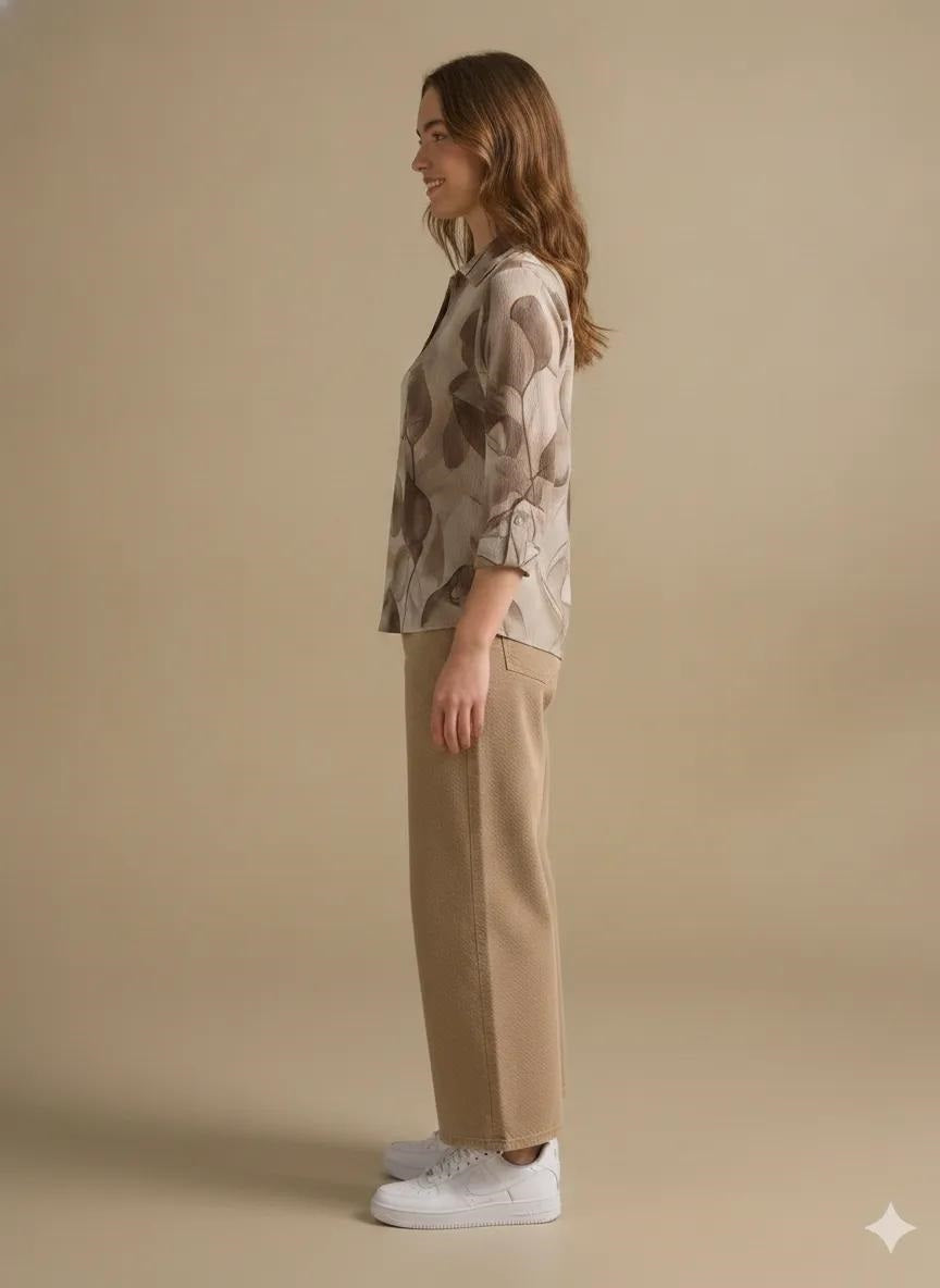 Floral Print Roll-Up Sleeves Cotton Blend Tobacco Top