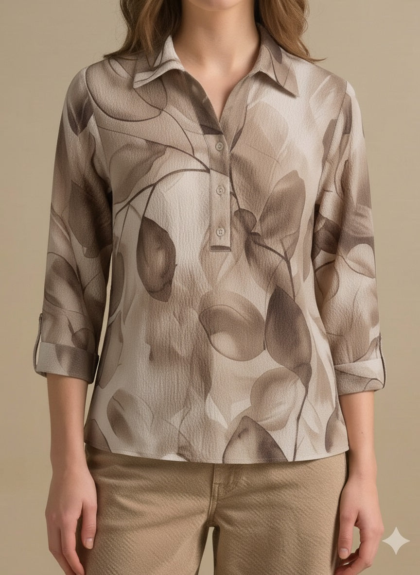 Floral Print Roll-Up Sleeves Cotton Blend Tobacco Top