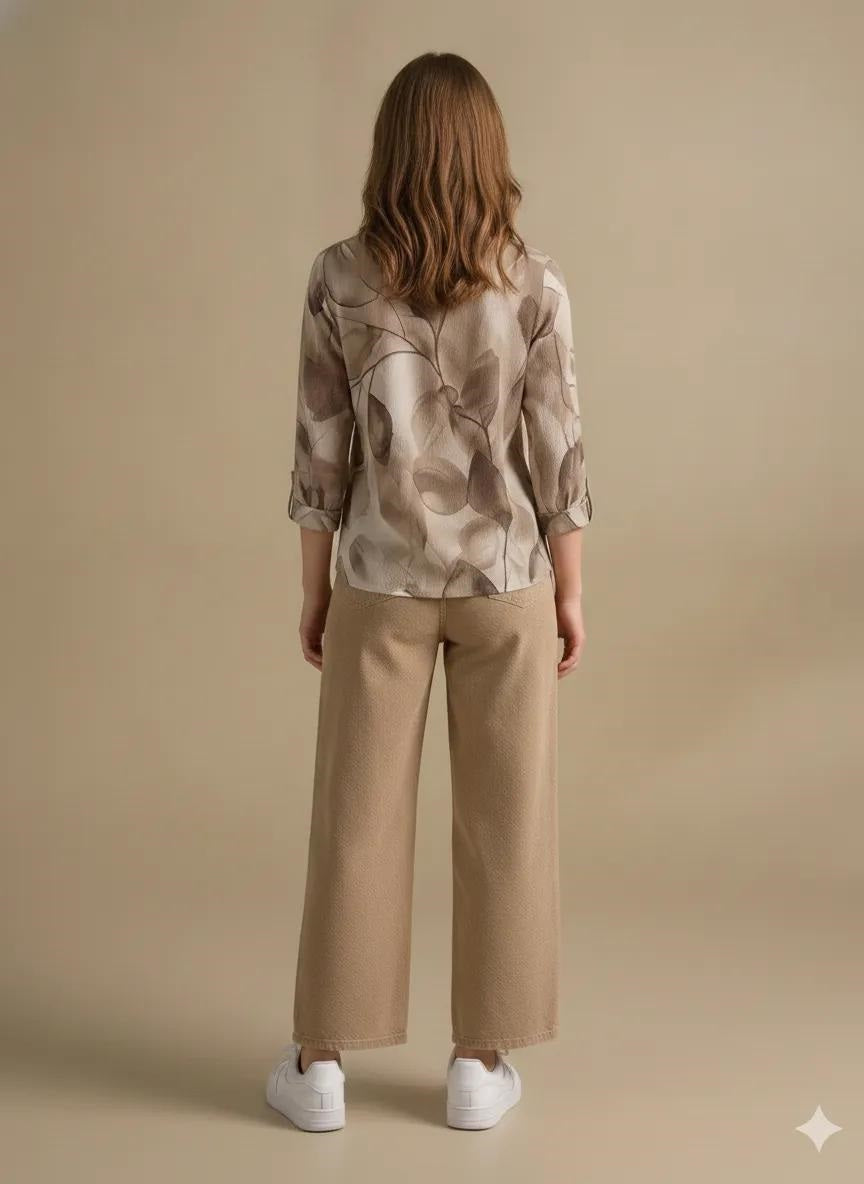 Floral Print Roll-Up Sleeves Cotton Blend Tobacco Top