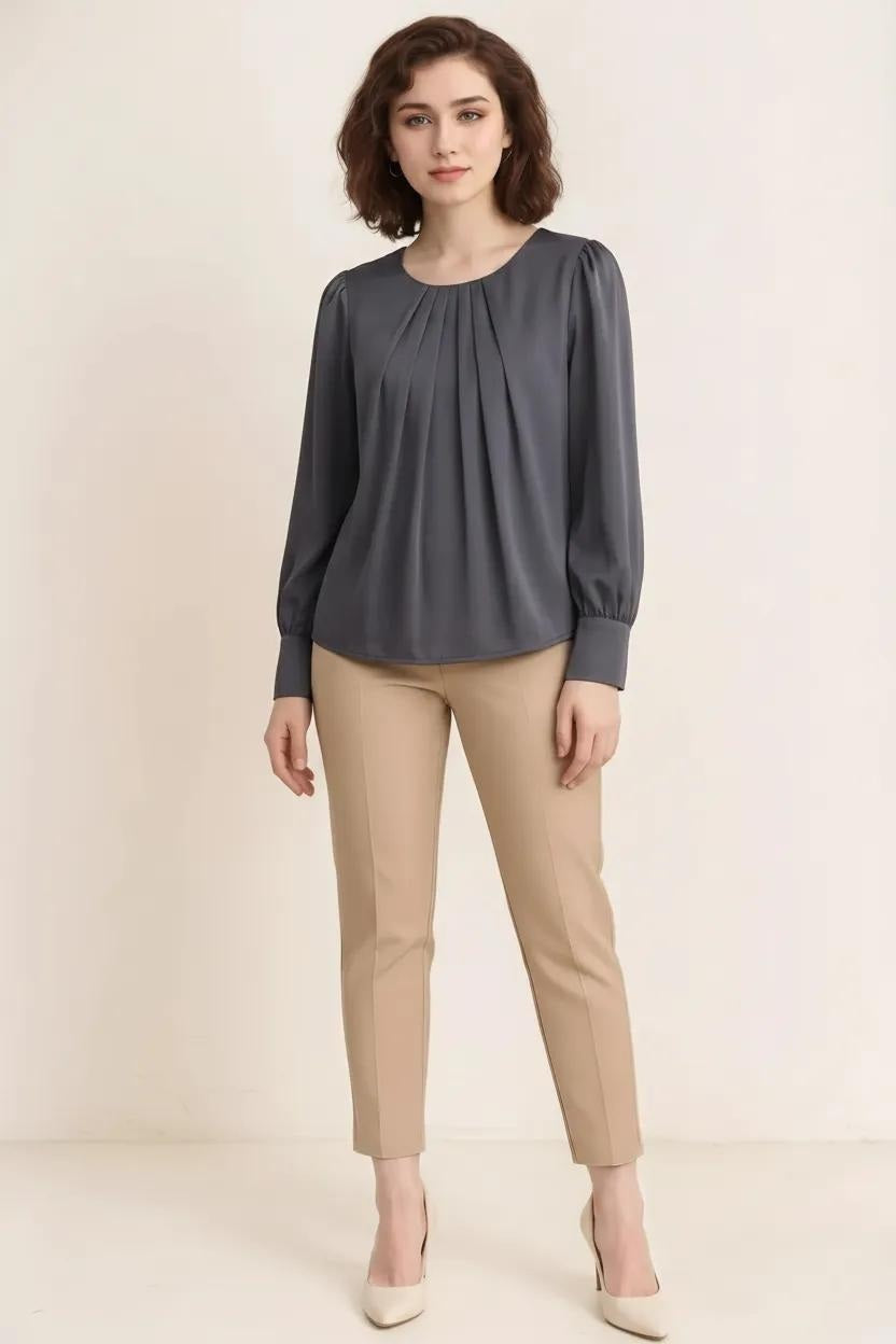 Women Grey Puff Sleeve Cotton Top