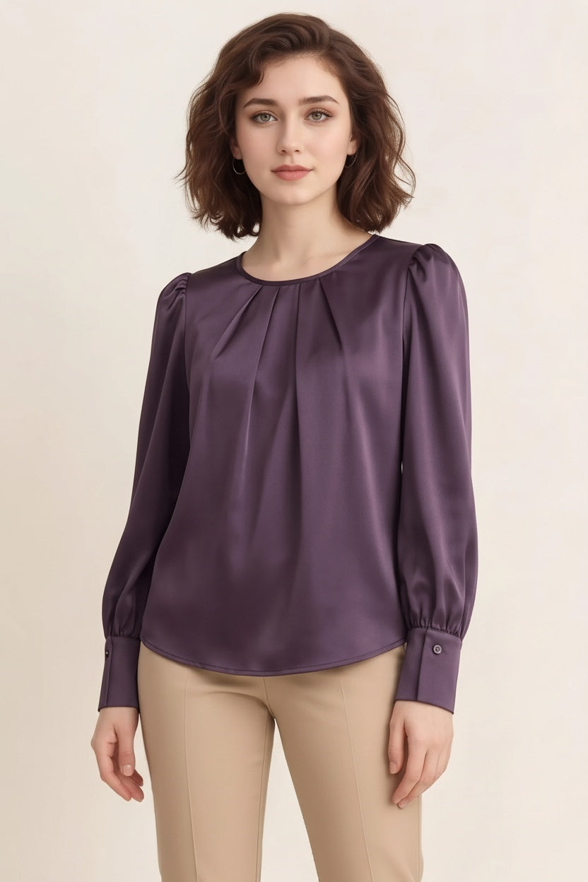 Women Wine Puff Sleeve Cotton Top