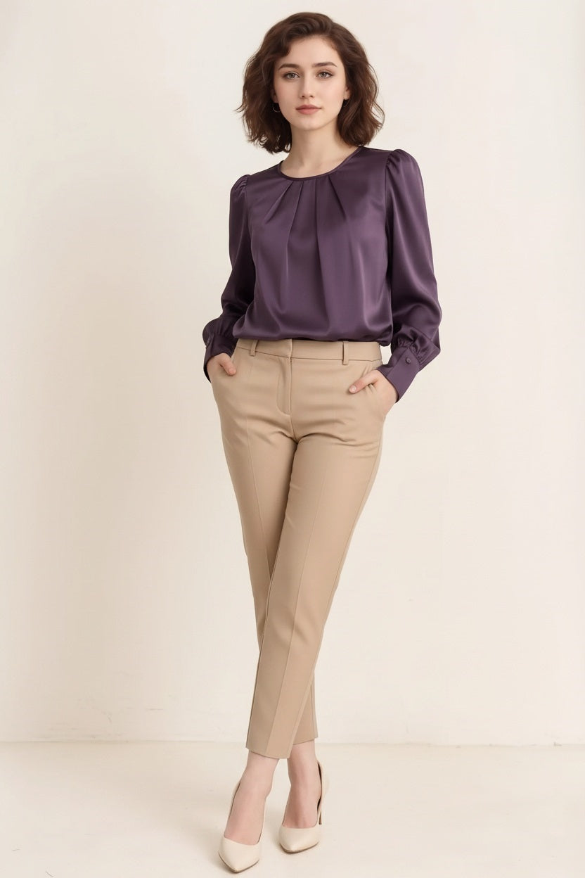 Women Wine Puff Sleeve Cotton Top