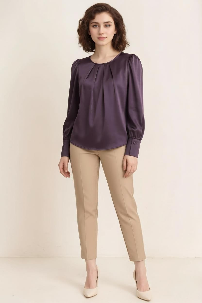 Women Wine Puff Sleeve Cotton Top