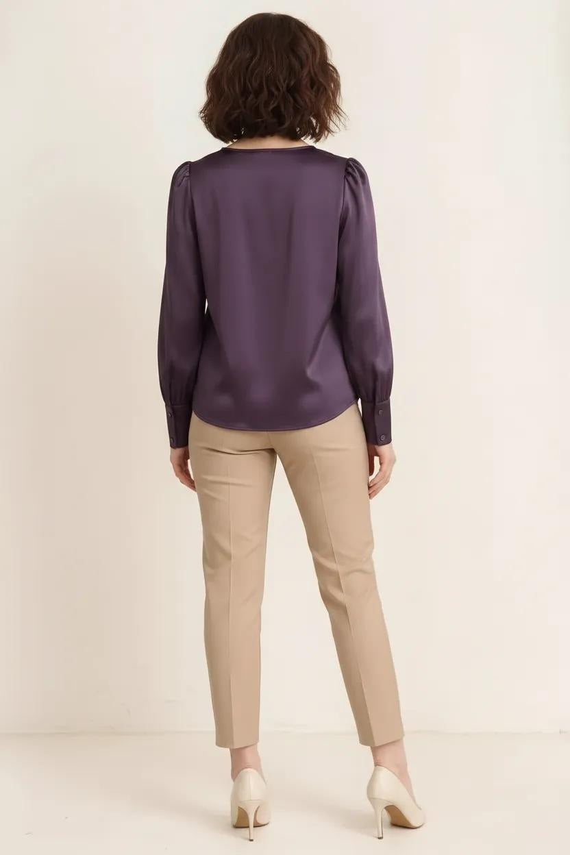 Women Wine Puff Sleeve Cotton Top