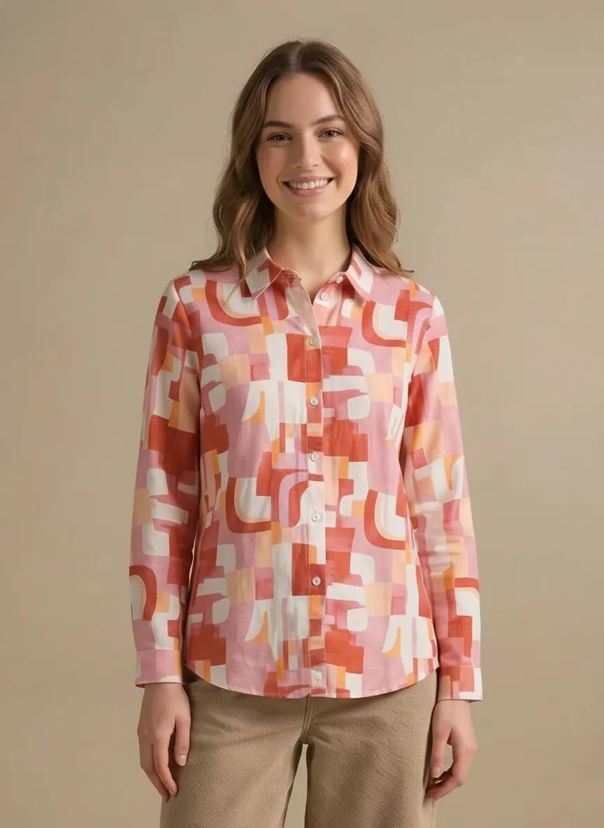 Women Printed Casual Pink Shirt