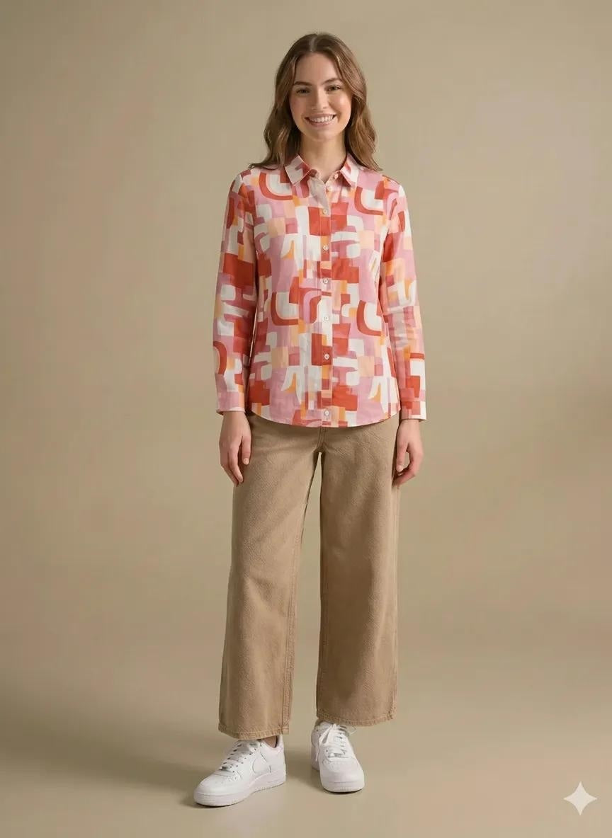 Women Printed Casual Pink Shirt