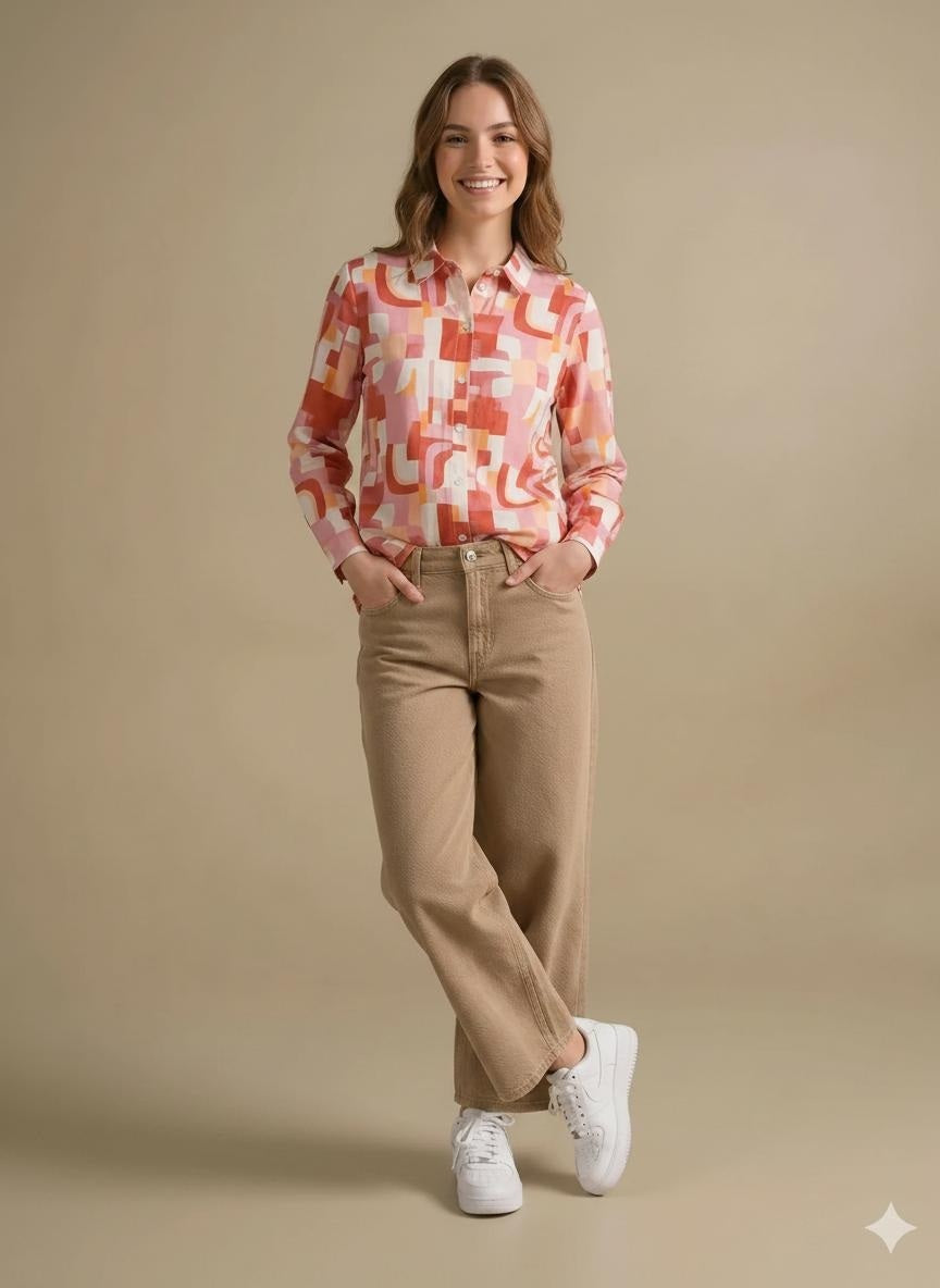 Women Printed Casual Pink Shirt