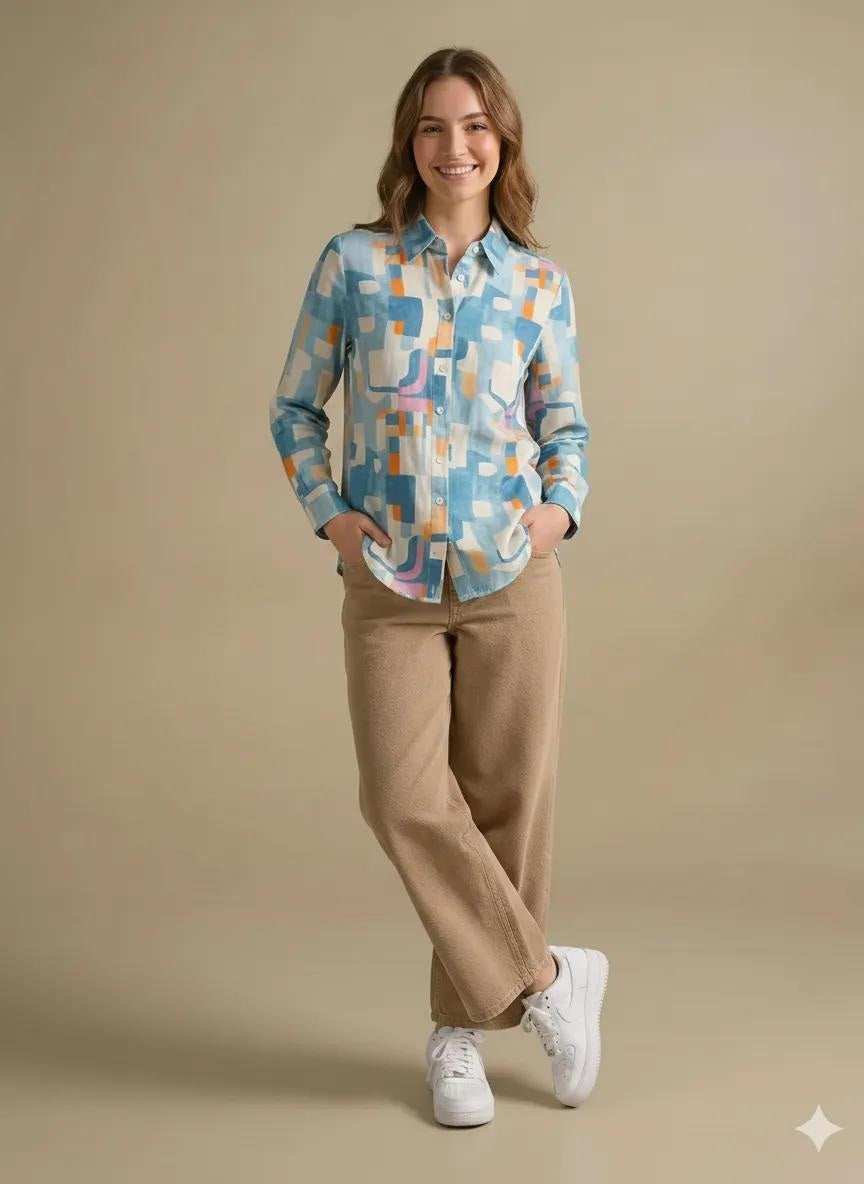 Women Teal Printed Casual Shirt