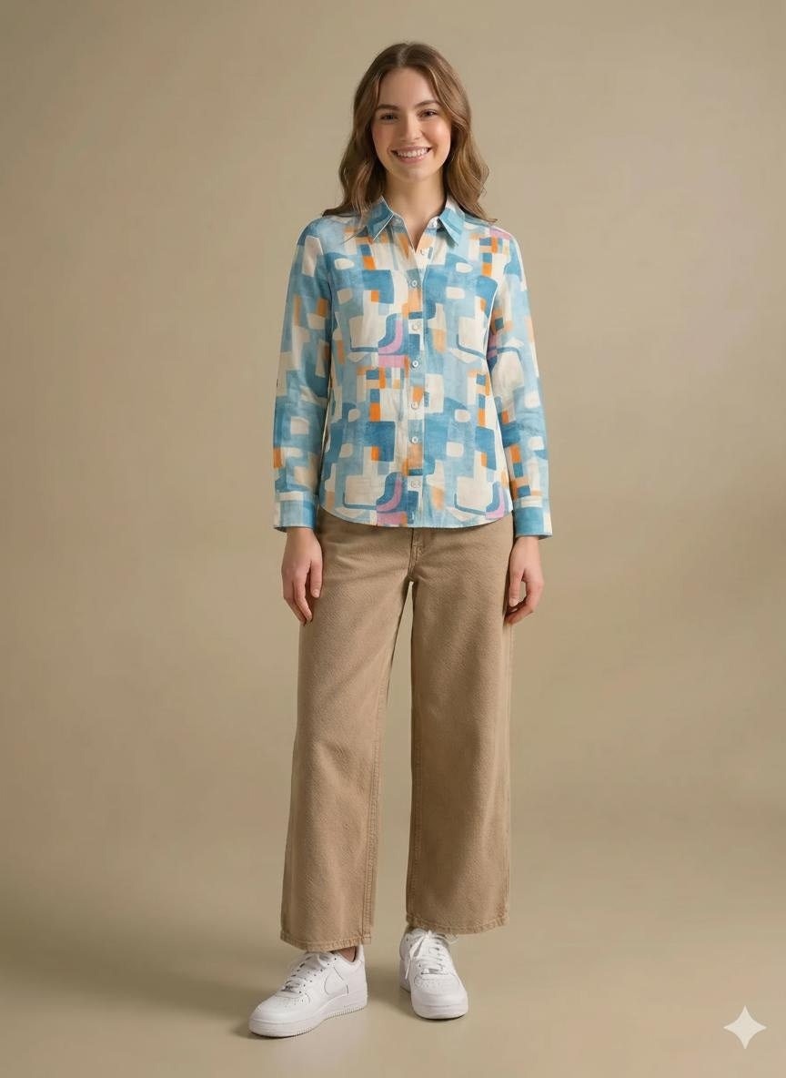 Women Teal Printed Casual Shirt