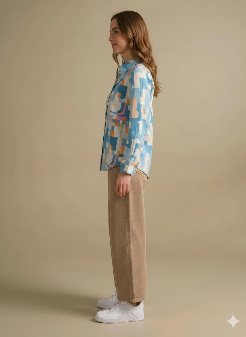Women Teal Printed Casual Shirt