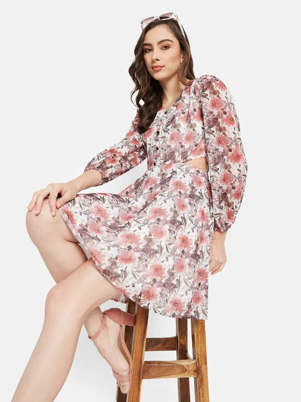 Waist Cut Floral  Print Dress