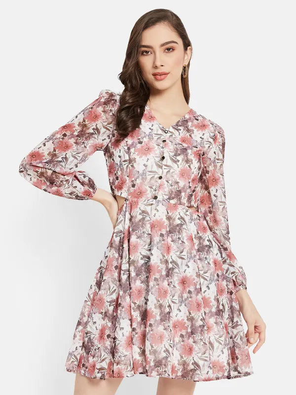 Waist Cut Floral  Print Dress