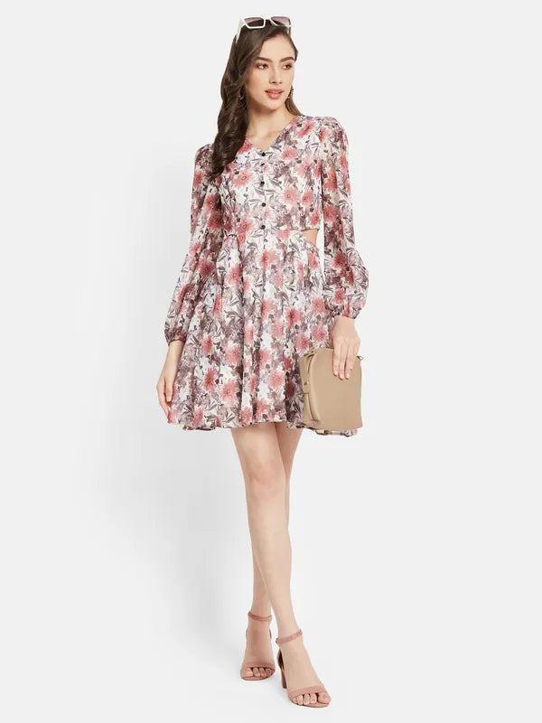 Waist Cut Floral  Print Dress
