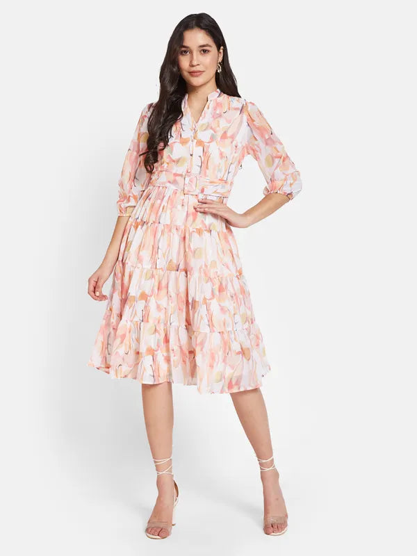 Mettle Floral Printed Mandarin Collar Cotton Fit  Flare Dress