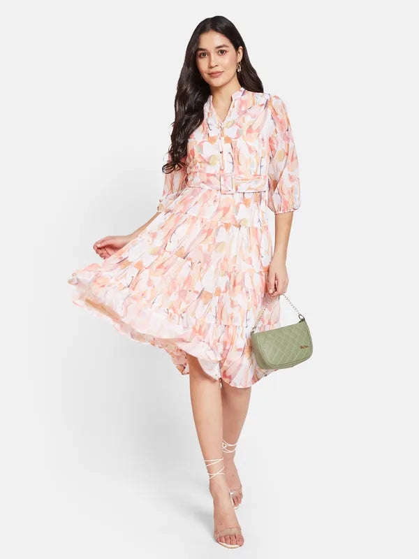 Mettle Floral Printed Mandarin Collar Cotton Fit  Flare Dress