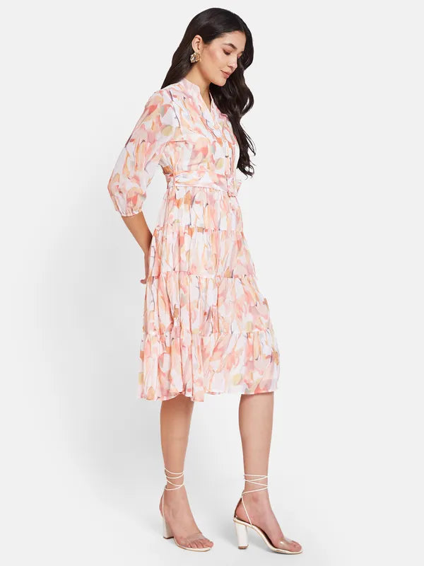 Mettle Floral Printed Mandarin Collar Cotton Fit  Flare Dress