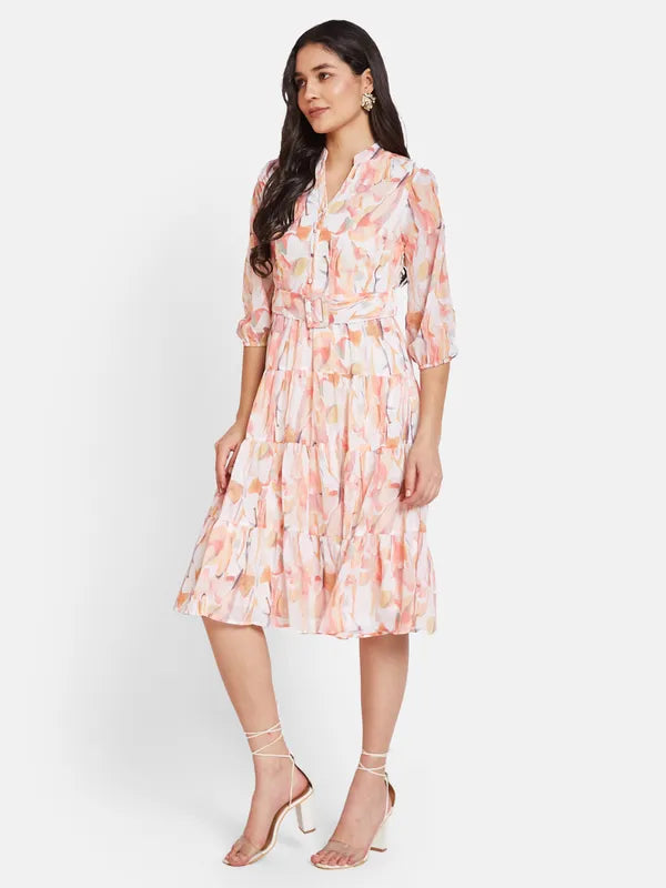 Mettle Floral Printed Mandarin Collar Cotton Fit  Flare Dress