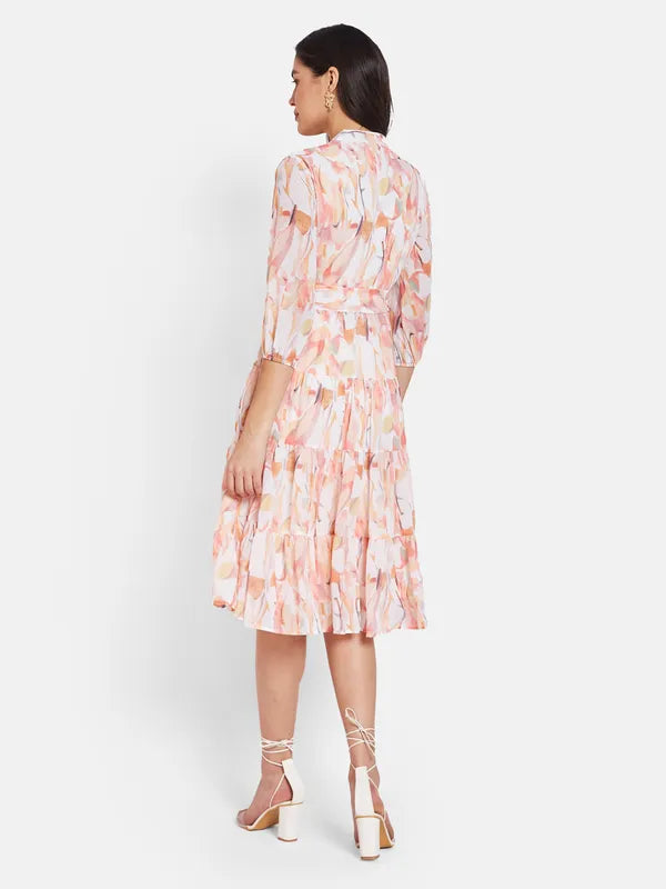 Mettle Floral Printed Mandarin Collar Cotton Fit  Flare Dress