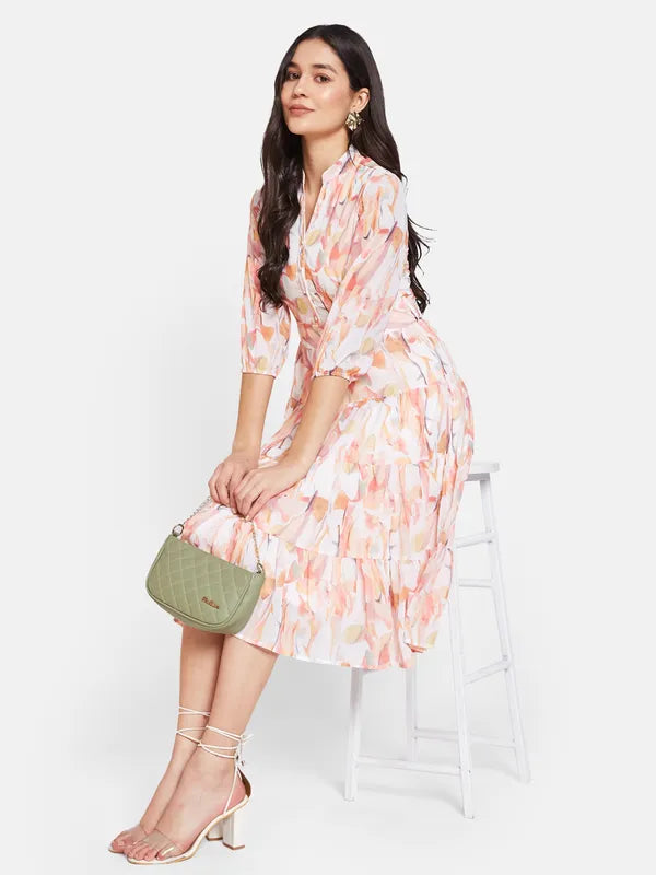 Mettle Floral Printed Mandarin Collar Cotton Fit  Flare Dress