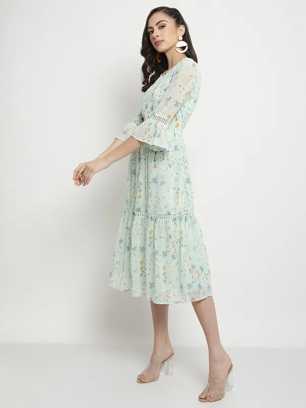 Mettle Floral Print Bell Sleeve Fit Flare Midi Dress