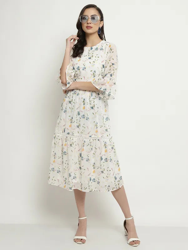 Mettle Floral Printed Bell Sleeve A-Line Midi Dress