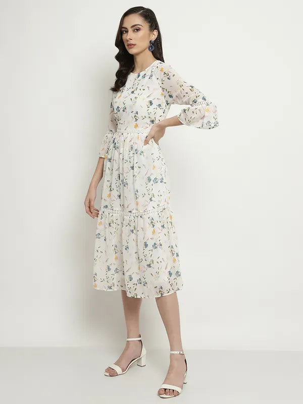 Mettle Floral Printed Bell Sleeve A-Line Midi Dress