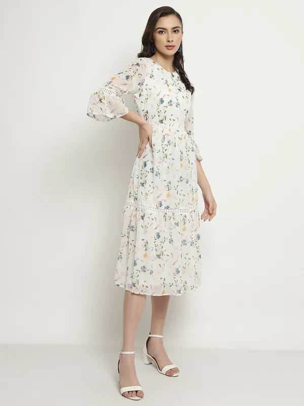 Mettle Floral Printed Bell Sleeve A-Line Midi Dress