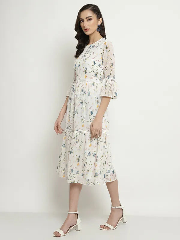 Mettle Floral Printed Bell Sleeve A-Line Midi Dress