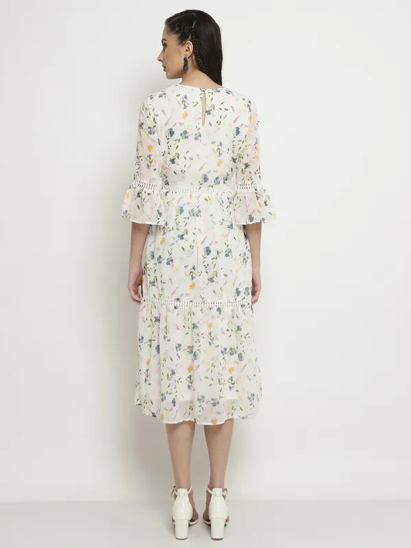 Mettle Floral Printed Bell Sleeve A-Line Midi Dress